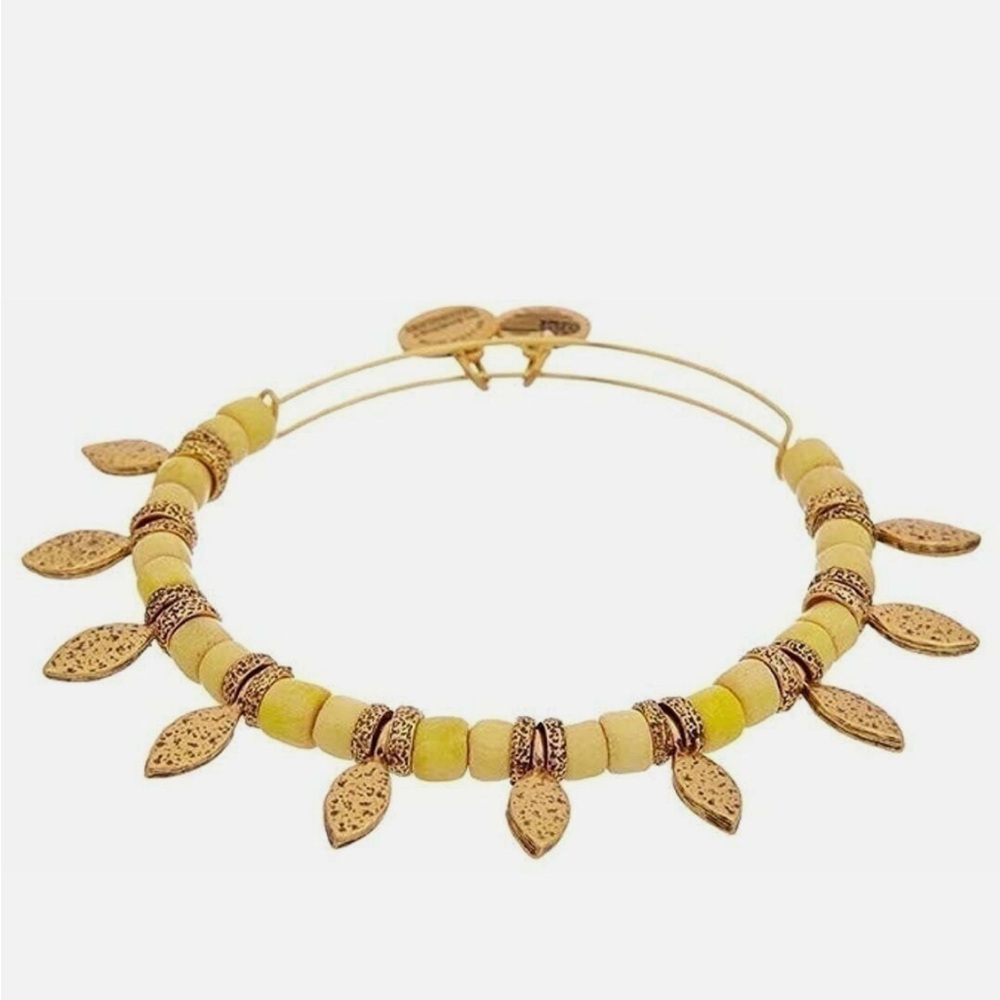 Alex and Ani Beaded Leaf Charm Bangle Bracelet Gold Tone Boho Earthy Jewelry